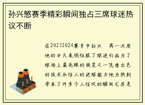 孙兴慜赛季精彩瞬间独占三席球迷热议不断